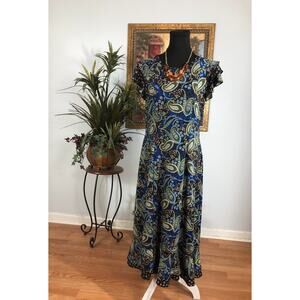Perceptions Dress Womens Medium Black Blue Paisley Floral Midi Cap Sleeve
